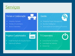 Serviços
Portais e Colaboração
 Intranet e Extranet
 Portais e E-commerce
 Busca Corporativa
Gestão
 Enterprise Project Management
 Business Intelligence
 Automação de Formulários e Processos
Projetos Customizados
 Implementação de Soluções Nuvem
 Fábrica de Software
TI Corporativo
 Licenciamento Consultivo
 Sutentação de Sistemas
 Outsorcing
 