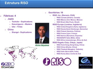 Estrutura RISO

                                          Escritórios: 18
   Fábricas: 4                                RISO, Inc. (Danvers, EUA)
                                                    RISO Canada (Ontário, Canadá)
        Japão                                      RISO México (Cid. México, México)
             Tsukuba – Duplicadores                RISO Brasil (São Paulo, Brasil)
             Kasumigaura – Masters            RISO Europe (Londres, Inglaterra)
             Ube – Tintas                          RISO United Kingdom (Herts, Inglaterra)
        China                                      RISO Deutschland (Hamburgo, Alemanha)
                                                    RISO Poland (Varsóvia, Polônia)
             Shangai - Duplicadores
                                                    RISO France (Lyon, França)
                                                    RISO Iberica (Barcelona, Espanha)
                                                    RISOGRAPH Italia (Milão, Itália)
                                                    RISO Africa (Joanesburgo, África do Sul)
                                               RISO Kagaku Corp. (Tokyo, Japão)
                                                    RISO Honk Kong (Hong Kong, China)
                                                    RISO China (Zhuhai, China)
                                                    RISO Thailand (Bangkok, Tailândia)
                                                    RISO Índia (Nova Delhi, Índia)
                                                    RISO Korea (Seul, Coréia do Sul)
 
