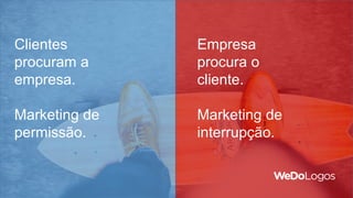 Clientes
procuram a
empresa.
Marketing de
permissão.
Empresa
procura o
cliente.
Marketing de
interrupção.
 