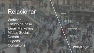 Relacionar Atrair
Converter
Relacionar
Vender
Webinar
Estudo de caso
Email Marketing
Mídias Sociais
Demos
Cupons
Consultoria
 