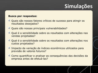 Busca por respostas:
Quais são nossos fatores críticos de sucesso para atingir os
resultados desejados?
Quais são nossas principais vulnerabilidades?
Qual é a sensibilidade sobre os resultados com alterações nas
vendas projetadas?
Qual é a sensibilidade sobre os resultados com alterações nos
custos projetados?
Impacto da variação de índices econômicos utilizados para
previsão de valores futuros?
Como quantificar e analisar as consequências das decisões da
empresa antes de efetuá-las?
Simulações
 