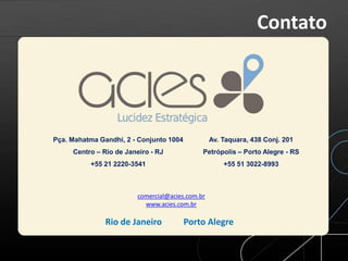 Pça. Mahatma Gandhi, 2 - Conjunto 1004
Centro – Rio de Janeiro - RJ
+55 21 2220-3541
comercial@acies.com.br
www.acies.com.br
Av. Taquara, 438 Conj. 201
Petrópolis – Porto Alegre - RS
+55 51 3022-8993
Rio de Janeiro Porto Alegre
Contato
 