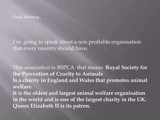 Good Morning ,  I’m  going to speak about a non proftable organisation that every country should have. This association is RSPCA  that means  Royal Society for the Prevention of Cruelty to Animals Is a charity in England and Wales that promotes animal welfare. It is the oldest and largest animal welfare organisation in the world and is one of the largest charity in the UK. Queen Elizabeth II is its patron. 