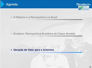 Agenda



   O Plástico e a Petroquímica no Brasil




   Braskem: Petroquímica Brasileira de Classe Mundial




   Geração de Valor para o Acionista




                                                        20
 