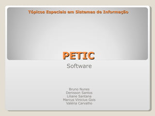 Tópicos Especiais em Sistemas de Informação PETIC Software Bruno Nunes Denisson Santos Liliane Santana Marcus Vinicius Gois Valéria Carvalho 