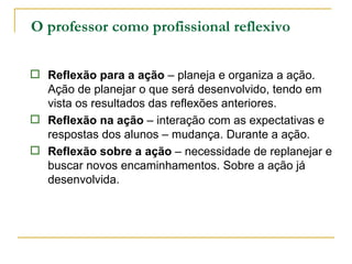 O professor como profissional reflexivo Reflexão para a ação  – planeja e organiza a ação. Ação de planejar o que será desenvolvido, tendo em vista os resultados das reflexões anteriores. Reflexão na ação  – interação com as expectativas e respostas dos alunos – mudança. Durante a ação. Reflexão sobre a ação  – necessidade de replanejar e buscar novos encaminhamentos. Sobre a ação já desenvolvida. 