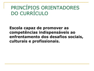 PRINCÍPIOS ORIENTADORES DO CURRÍCULO Escola capaz de promover as competências indispensáveis ao enfrentamento dos desafios sociais, culturais e profissionais.   