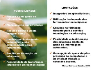 POSSIBILIDADES Acesso a uma gama de informações; Planejamento das atividades  Recurso didático (texto, imagem, som); Usado como instrumento pedagógico e não simplesmente como ferramenta; Auxiliar na formação do educando.  Possibilidade de transformar informação em conhecimento; LIMITAÇÕES Integrados ou apocalípticos; Utilização inadequada das ferramentas tecnológicas; Lacunas na formação docente para o uso das tecnologias na educação; Passividade e desinteresse dos educando diante da gama de informações acessadas; Concepção de que a simples presença do computador e da internet mudará o cotidiano escolar.  Moran, Behrens e Masetto, 2000 