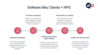 Distribuir ou sortear prêmios
entre os clientes que passam
feedbacks favorece o retorno
deles a sua empresa.
Favorece recompras
Por meio de histórico de fácil
visualização, acompanhe a
evolução do seu negócio em
relação a satisfação dos clientes
Acompanhe a evolução
Com métricas e indicadores
claros, baseados no NPS,
satisfação dos clientes pode ser
utilizada como indicador
estratégico
Indicador Estratégico
Os clientes passam a determinar
quais profissionais devem ser
reconhecidos pela sua qualidade e
quais podem ainda melhorar
Profissionais geridos
pelos clientes
Utilizando uma métrica única
para análise de satisfação, você
pode comparar seu indicador
com indicadores médios do
mercado.
Análise dos concorrentes
Software Meu Cliente + NPS
 