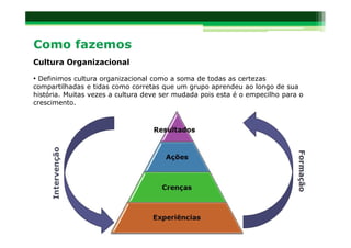 Cultura Organizacional

• Definimos cultura organizacional como a soma de todas as certezas
compartilhadas e tidas como corretas que um grupo aprendeu ao longo de sua
história. Muitas vezes a cultura deve ser mudada pois esta é o empecilho para o
crescimento.
 