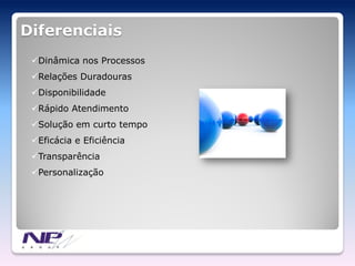 Diferenciais
 Dinâmica nos Processos
 Relações Duradouras
 Disponibilidade
 Rápido Atendimento
 Solução em curto tempo
 Eficácia e Eficiência
 Transparência
 Personalização
 