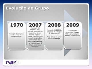 Evolução do Grupo



  1970                  2007Aquisição da
                                                 2008 2005
                                                                       2009
                           empresa Nova         Fundação da ISENG,         Criação das
                           1998
                       Precisão pelos sócios,   empresa de serviços     empresas:Videws
                          que deixa de ser        de manutenção.
 Fundação da empresa                                                  (Videocomunicação) e
                         familiar e passa a
                                                                      Trovus (Datacenter).
    Nova Precisão.     contar com um novo       A Np Group se torna
                        modelo de gestão e       então um Grupo.
                         também recebe o
                       nome de NP Group,
                         já vislumbrando o
                         futuro com novas
                             empresas.
 