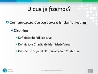 Comunicação Corporativa e Endomarketing
  Diretrizes
    Definição do Público Alvo

    Definição e Criação de Identidade Visual

    Criação de Peças de Comunicação e Conteúdo




                     www.agenciadecocriacao.com.br   12
 