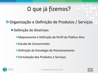 Organização e Definição de Produtos / Serviços
  Definição de Diretrizes
    Mapeamento e Definição de Perfil do Público Alvo

    Estudo de Concorrentes

    Definição de Estratégia de Posicionamento

    Formatação dos Produtos e Serviços


                    www.agenciadecocriacao.com.br      19
 