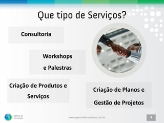 Consultoria


            Workshops
            e Palestras

Criação de Produtos e
                                           Criação de Planos e
      Serviços
                                           Gestão de Projetos

                        www.agenciadecocriacao.com.br            4
 