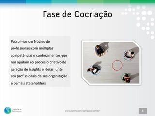 Possuímos um Núcleo de
profissionais com múltiplas
competências e conhecimentos que
nos ajudam no processo criativo de
geração de insights e ideias junto
aos profissionais da sua organização
e demais stakeholders.




                                     www.agenciadecocriacao.com.br   5
 
