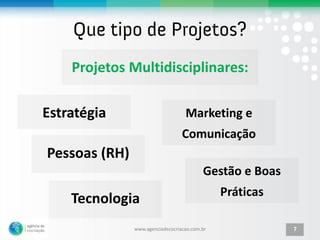 Projetos Multidisciplinares:

Estratégia                         Marketing e
                                  Comunicação
Pessoas (RH)
                                          Gestão e Boas
                                               Práticas
    Tecnologia
               www.agenciadecocriacao.com.br              7
 