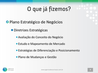 Plano Estratégico de Negócios
  Diretrizes Estratégicas
    Avaliação do Conceito do Negócio

    Estudo e Mapeamento de Mercado

    Estratégias de Diferenciação e Posicionamento

    Plano de Mudanças e Gestão


                    www.agenciadecocriacao.com.br   8
 
