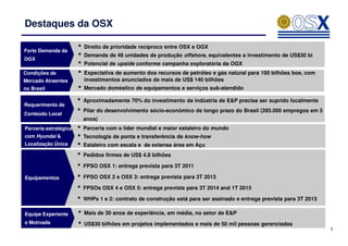 Destaques da OSX

Forte Demanda da
                       •   Direito de prioridade recíproco entre OSX e OGX

OGX
                       •   Demanda de 48 unidades de produção offshore, equivalentes a investimento de US$30 bi
                       •   Potencial de upside conforme campanha exploratória da OGX
Condições de           •   Expectativa de aumento dos recursos de petróleo e gás natural para 100 bilhões boe, com
Mercado Atraentes          investimentos anunciados de mais de US$ 140 bilhões
no Brasil              • Mercado doméstico de equipamentos e serviços sub-atendido
Requerimento de
                       • Aproximadamente 70% do investimento da indústria de E&P precisa ser suprido localmente
Conteúdo Local
                       • Pilar do desenvolvimento sócio-econômico de longo prazo do Brasil (285.000 empregos em 5
                           anos)
Parceria estratégica   •   Parceria com o líder mundial e maior estaleiro do mundo
com Hyundai &          •   Tecnologia de ponta e transferência de know-how
Localização Única      •   Estaleiro com escala e de extensa área em Açu
                       •   Pedidos firmes de US$ 4.8 bilhões

                       •   FPSO OSX 1: entrega prevista para 3T 2011

Equipamentos           •   FPSO OSX 2 e OSX 3: entrega prevista para 3T 2013

                       •   FPSOs OSX 4 e OSX 5: entrega prevista para 3T 2014 and 1T 2015

                       •   WHPs 1 e 2: contrato de construção está para ser assinado e entrega prevista para 3T 2013

Equipe Experiente      •   Mais de 30 anos de experiência, em média, no setor de E&P
e Motivada             •   US$30 bilhões em projetos implementados e mais de 50 mil pessoas gerenciadas
                                                                                                                       3
 