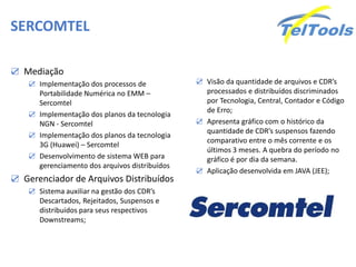 SERCOMTEL

☑ Mediação
    ☑ Implementação dos processos de            ☑ Visão da quantidade de arquivos e CDR’s
      Portabilidade Numérica no EMM –             processados e distribuídos discriminados
      Sercomtel                                   por Tecnologia, Central, Contador e Código
                                                  de Erro;
    ☑ Implementação dos planos da tecnologia
      NGN - Sercomtel                           ☑ Apresenta gráfico com o histórico da
                                                  quantidade de CDR’s suspensos fazendo
    ☑ Implementação dos planos da tecnologia
                                                  comparativo entre o mês corrente e os
      3G (Huawei) – Sercomtel
                                                  últimos 3 meses. A quebra do período no
    ☑ Desenvolvimento de sistema WEB para         gráfico é por dia da semana.
      gerenciamento dos arquivos distribuídos
                                                ☑ Aplicação desenvolvida em JAVA (JEE);
☑ Gerenciador de Arquivos Distribuídos
    ☑ Sistema auxiliar na gestão dos CDR’s
       Descartados, Rejeitados, Suspensos e
       distribuídos para seus respectivos
       Downstreams;
 
