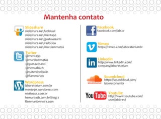Mantenha contato
@menta90
@marciammatos
@gustavosanti
@hemurbach
@tuiterdonicolas
@flammarion
Twiter
facebook.com/lab.br
Facebook
http://www.youtube.com/
user/labbrasil
Youtube
https://soundcloud.com/
laboratoriumbr
Soundcloud
http://www.linkedin.com/
company/laboratorium
Linkedin
https://vimeo.com/laboratoriumbr
Vimeo
laboratorium.com.br
menta90.wordpress.com
mktfocus.com.br
hemurbach.com.br/blog-2
flammarionvieira.com
Wordpress
slideshare.net/labbrasil
slideshare.net/menta90
slideshare.net/gustavosanti
slideshare.net/radociou
slideshare.net/marciammatos
Slideshare
 