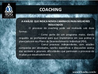 COACHING
A ANÁLISE QUE INDICA NOVOS CAMINHOS PARA MELHORES
RESULTADOS
O processo de coaching pode ser realizado sob duas
formas:
- Como parte de um programa maior, dando
respaldo ao profissional para que implemente em sua prática o
planejado em seu Plano de Desenvolvimento Individual (PDI).
- Como processo independente, com sessões
compostas por atividades, tarefas específicas e discussões acerca
das variáveis e possíveis dificuldades que permeiam o processo de
mudança e desenvolvimento.
www.el-kouba.com.br
 