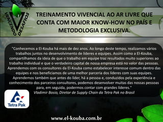 www.el-kouba.com.br
TREINAMENTO VIVENCIAL AO AR LIVRE QUE
CONTA COM MAIOR KNOW-HOW NO PAÍS E
METODOLOGIA EXCLUSIVA.
"Conhecemos a El-Kouba há mais de dez anos. Ao longo deste tempo, realizamos vários
trabalhos juntos no desenvolvimento de líderes e equipes. Assim como a El-Kouba,
compartilhamos da ideia de que o trabalho em equipe traz resultados muito superiores ao
trabalho individual e que o verdadeiro capital de nossa empresa está no valor das pessoas.
Aprendemos com os consultores da El-Kouba como estabelecer interesse comum dentro das
equipes e nos beneficiamos de uma melhor parceria dos líderes com suas equipes.
Aprendemos também que antes do líder, há a pessoa e, conduzidos pela experiência e
conhecimento dos parceiros consultores, podemos desenvolver muitas das nossas pessoas
para, em seguida, podermos contar com grandes líderes."
Vladimir Bosio, Diretor de Supply Chain da Tetra Pak no Brasil
 