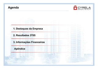 Agenda




  1. Destaques da Empresa

  2. Resultados 3T05

  3. Informações Financeiras

   Apêndice




                               3
 