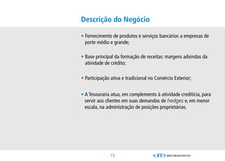 Descrição do Negócio

• ornecimentodeprodutoseserviçosbancáriosaempresasde
  F
  portemédioegrande;

• aseprincipaldaformaçãodereceitas:margensadvindasda
  B
  atividadedecrédito;

•ParticipaçãoativaetradicionalnoComércioExterior;


• Tesourariaatua,emcomplementoàatividadecreditícia,para
  A
  serviraosclientesemsuasdemandasdehedgese,emmenor
  escala,naadministraçãodeposiçõesproprietárias.




              15
 