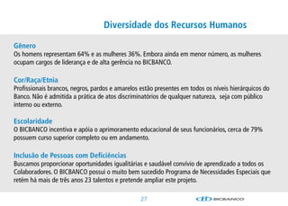 Diversidade dos Recursos Humanos

Gênero
Oshomensrepresentam64%easmulheres36%.Emboraaindaemmenornúmero,asmulheres
ocupamcargosdeliderançaedealtagerêncianoBICBANCO.

Cor/Raça/Etnia
Profissionaisbrancos,negros,pardoseamarelosestãopresentesemtodososníveishierárquicosdo
Banco.Nãoéadmitidaapráticadeatosdiscriminatóriosdequalquernatureza,sejacompúblico
internoouexterno.

Escolaridade
OBICBANCOincentivaeapóiaoaprimoramentoeducacionaldeseusfuncionários,cercade79%
possuemcursosuperiorcompletoouemandamento.

Inclusão de Pessoas com Deficiências
Buscamosproporcionaroportunidadesigualitáriasesaudávelconvíviodeaprendizadoatodosos
Colaboradores.OBICBANCOpossuiomuitobemsucedidoProgramadeNecessidadesEspeciaisque
retémhámaisdetrêsanos23talentosepretendeampliaresteprojeto.

                                                 27
 
