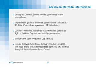 Acesso ao Mercado Internacional

Linhas para Comércio Exterior providas por diversos bancos
internacionais;

Empréstimos e garantias concedidas por Instituições Multilaterais –
IFC, BID e IIC em valores superiores a US$ 240 milhões;

CD/Short-Term Notes Program de US$ 500 milhões (através da
Agência de Grand Cayman) com emissões permanentes;

Medium-Term Notes Program de US$ 1 bilhão;

Emissão de Dívida Subordinada de US$ 120 milhões em 2006
com prazo de dez anos. Esta modalidade representa uma extensão
do capital, de acordo com o Banco Central.




                                        23
 