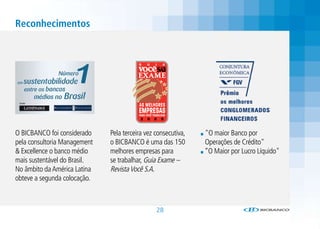 Reconhecimentos




O BICBANCO foi considerado    Pela terceira vez consecutiva,   "O maior Banco por
pela consultoria Management   o BICBANCO é uma das 150         Operações de Crédito"
& Excellence o banco médio    melhores empresas para           “O Maior por Lucro Líquido"
mais sustentável do Brasil.   se trabalhar, Guia Exame –
No âmbito da América Latina   Revista Você S.A.
obteve a segunda colocação.



                                                28
 