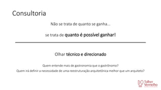 Consultoria
Não se trata de quanto se ganha...
se trata de quanto é possível ganhar!
_____________________________________________________________

Olhar técnico e direcionado
Quem entende mais de gastronomia que o gastrônomo?

Quem irá definir a necessidade de uma reestruturação arquitetônica melhor que um arquiteto?

 