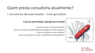 Quem presta consultoria atualmente?
• Consultorias não especializadas – muito generalista
Custo de aprendizado / geração de resultado
Quantas mesas um garçom atende?
Quais as normas e aplicabilidade da legislação sanitária vigente?
Quais os softwares mais utilizados?
Quais os impactos em rever o portfólio de pratos/bebidas?

 