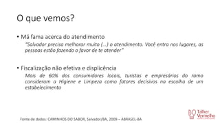 O que vemos?
• Má fama acerca do atendimento
“Salvador precisa melhorar muito (...) o atendimento. Você entra nos lugares, as
pessoas estão fazendo o favor de te atender”

• Fiscalização não efetiva e displicência
Mais de 60% dos consumidores locais, turistas e empresários do ramo
consideram a Higiene e Limpeza como fatores decisivos na escolha de um
estabelecimento

Fonte de dados: CAMINHOS DO SABOR, Salvador/BA, 2009 – ABRASEL-BA

 