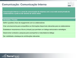 Comunicação: Comunicação Interna

Comunicação Interna é o canal de comunicação da empresa com a sua rede social privada de
colaboradores e pode se dar através de vários meios



Atividades / Frentes
Definir questões chave de engajamento com os colaboradores

Criar uma taxonomia para compartilhar as informações disponíveis relevantes para os colaboradores

Estabelecer mecanismos e fóruns (virtuais) que permitam um dialogo estruturado e estratégico

Desenvolver conteúdo e pesquisa para acompanhar a maturidade do diálogo

Dar visibilidade e destaque às contribuições relevantes
 