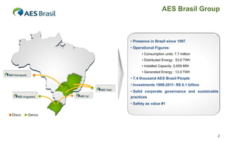 AES Brasil Group



• Presence in Brazil since 1997
• Operational Figures:
      • Consumption units: 7.7 million
      • Distributed Energy: 53.6 TWh
      • Installed Capacity: 2,659 MW
      • Generated Energy : 13.9 TWh
• 7.4 thousand AES Brasil People
• Investments 1998-2011: R$ 8.1 billion
• Solid corporate governance and sustainable
practices
• Safety as value #1




                                           2
 