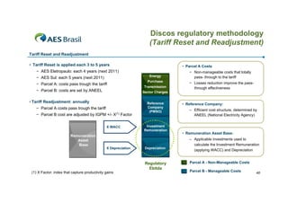Discos regulatory methodology
                                                                   (Tariff Reset and Readjustment)
Tariff Reset and Readjustment

• Tariff Reset is applied each 3 to 5 years                                      • Parcel A Costs
   − AES Eletropaulo: each 4 years (next 2011)                                      − Non-manageable costs that totally
                                                                   Energy             pass- through to the tariff
   − AES Sul: each 5 years (next 2011)
                                                                  Purchase          − Losses reduction improve the pass-
   − Parcel A: costs pass trough the tariff
                                                                Transmission          through effectiveness
   − Parcel B: costs are set by ANEEL                           Sector Charges

• Tariff Readjustment: annually                                   Reference      • Reference Company:
   − Parcel A costs pass trough the tariff                        Company
                                                                                    – Efficient cost structure, determined by
                                                                   (PMSO)
   − Parcel B cost are adjusted by IGPM +/- X(1) Factor                               ANEEL (National Electricity Agency)


                                               X WACC            Investment
                                                                Remuneration
                                                                                 • Remuneration Asset Base:
                         Remuneration
                            Asset                                                   – Applicable investments used to
                            Base                                                      calculate the Investment Remuneration
                                               X Depreciation    Depreciation
                                                                                      (applying WACC) and Depreciation


                                                                 Regulatory         Parcel A - Non-Manageable Costs
                                                                   Ebitda
 (1) X Factor: index that capture productivity gains                                Parcel B - Manageable Costs             40
 