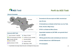 Perfil da AES Tietê
Área de Concessão


                                                               •       Concessão de 30 anos expira em 2029, renovável por

                                                                       mais 30 anos

                                                               •       10 hidroelétricas no Estado de São Paulo nos rios Tietê,

                                                                       Pardo, Grande e Mogi Guaçu

                                                               •       6 PCH’s no Estado de Minas Gerais

                                                               •       Capacidade Instalada de 2.657 MW, com garantia física1
Usinas da AES Tietê:

   Água Vermelha (1.396 MW)       Ibitinga (132 MW)
                                                                       de 1.280 MW

   Nova Avanhandava (347 MW)      Euclides da Cunha (109 MW)   •       100%da garantia física está contratada por meio de um
  Promissão (264 MW)              Caconde (80 MW)
  Bariri (143 MW)                                                      contrato bilateral com a AES Eletropaulo
                                  Limoeiro (32 MW)
  Barra Bonita (141 MW)
                                  Mogi-Guaçu (7 MW)            •       315 empregados
1 – Quantidade de energia disponível para contratação de longo prazo                                                           22
 