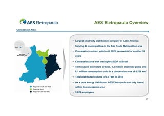 AES Eletropaulo Overview
Concession Area



                   Largest electricity distribution company in Latin America

                   Serving 24 municipalities in the São Paulo Metropolitan area

                   Concession contract valid until 2028; renewable for another 30

                    years

                   Concession area with the highest GDP in Brazil

                   45 thousand kilometers of lines, 1.2 million electricity poles and

                    6.1 million consumption units in a concession area of 4,526 km2

                   Total distributed volume of 43 TWh in 2010

                   As a pure energy distributor, AES Eletropaulo can only invest

                    within its concession area

                   5,629 employees

                                                                                     21
 