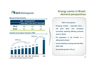Energy sector in Brazil:
                                                                                       demand perspectives
 Macroeconomic Scenario

                          GDP - Annual growth
                                                                                         EPE’s1 Assumptions:
                          2004-2008       2010-2015        2015-2020
          World              4.6                4.2             4.0          • Emerging markets – especially China –

          Brazil             4.7                5.2             5.0            will    grow     faster    than   developed

                                                                               economies, positively affecting industrial
 Brazilian Consumption Evolution (TWh)
                                                                               sector in Brazil;
                                                4.6% p.a
                                                                      659
                                                                             • Oil exploration in the Pre-Salt is a
             4.4% p.a.                                                         differential for Brazil;

                                                                             • Income elasticity of energy demand (2010-
                                                 419   441
                                  393    389                                   2019): 0.96
                   358     378
   331     346
                                                                             • Households growth: 2.2% p.a



   2004    2005    2006    2007   2008   2009   2010 2011 (e)         2020
                                                                                                                             23
1 - Source: EPE (Energetic Research Company)
 