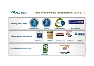 AES Brasil widely recognized in 2009-2010



 Quality and safety

                       (AES Eletropaulo)         (AES Sul)          (AES Eletropaulo)          (AES Eletropaulo)




 Management excellence

                                 (AES Eletropaulo)    (AES Tietê)   (AES Eletropaulo)    (AES Tietê)      (AES Tietê)




 Environmental concern

                                                                               (AES Tietê)
                                            (AES Brasil)
                                                                                                                        3
 