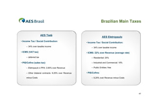 Brazilian Main Taxes


                      AES Tietê
                                                                        AES Eletropaulo
• Income Tax / Social Contribution:
                                                       • Income Tax / Social Contribution:
     – 34% over taxable income
                                                            – 34% over taxable income

• ICMS (VAT tax)                                       • ICMS: 22% over Revenue (average rate)
     – deferred tax                                         – Residential: 25%

• PIS/Cofins (sales tax):                                   – Industrial and Commercial: 18%

     – Eletropaulo´s PPA: 3.65% over Revenue                – Public Entities: free

     – Other bilateral contracts: 9.25% over Revenue   • PIS/Cofins:

     minus Costs                                            – 9.25% over Revenue minus Costs




                                                                                                 41
 