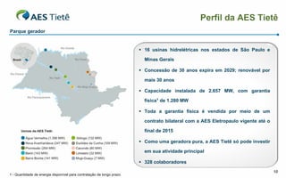 Perfil da AES Tietê
Parque gerador


                                                                        16 usinas hidrelétricas nos estados de São Paulo e

                                                                         Minas Gerais

                                                                        Concessão de 30 anos expira em 2029; renovável por

                                                                         mais 30 anos

                                                                        Capacidade instalada de 2.657 MW, com garantia

                                                                         física1 de 1.280 MW

                                                                        Toda a garantia física é vendida por meio de um

                                                                         contrato bilateral com a AES Eletropaulo vigente até o

                                                                         final de 2015

                                                                        Como uma geradora pura, a AES Tietê só pode investir

                                                                         em sua atividade principal

                                                                        328 colaboradores
                                                                                                                                  10
1 - Quantidade de energia disponível para contratação de longo prazo
 