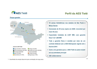 Perfil da AES Tietê
   Parque gerador


                                                                       ƒ 16 usinas hidrelétricas nos estados de São Paulo e

                                                                         Minas Gerais

                                                                       ƒ Concessão de 30 anos expira em 2029; renovável por

                                                                         mais 30 anos

                                                                       ƒ Capacidade instalada de 2.657 MW, com garantia

                                                                         física1 de 1.280 MW

                                                                       ƒ Toda a garantia física é vendida por meio de um

                                                                         contrato bilateral com a AES Eletropaulo vigente até o

                                                                         final de 2015

                                                                       ƒ Como uma geradora pura, a AES Tietê só pode investir

                                                                         em sua atividade principal

                                                                       ƒ 328 colaboradores
                                                                                                                                  10
1 - Quantidade de energia disponível para contratação de longo prazo
 