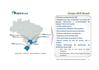 Grupo AES Brasil
• Presença no Brasil desde 1997
• Composta por sete companhias nos setores de
geração, distribuição e comercialização                     de
energia e telecomunicações
• 7,6 mil colaboradores
• Investimentos 1998-2010: R$ 6,9 bilhões
• Boas práticas de governança corporativa
• Práticas sustentáveis nos negócios
• Segurança como principal valor
• Forte capacidade de geração de caixa
• Pay-out mínimo de 25% de acordo com o
estatuto
• Prática  diferenciada           de      distribuição      de
dividendos desde 2006
    – AES Tietê: 100% do lucro líquido em bases
       trimestrais
    – AES Eletropaulo: 100%* do lucro líquido em bases
       semestrais


* 95% do lucro líquido até o término do exercício de 2010   2
 