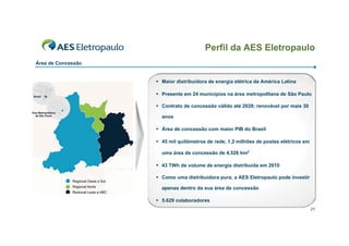 Perfil da AES Eletropaulo
Área de Concessão


                    ƒ Maior distribuidora de energia elétrica da América Latina

                    ƒ Presente em 24 municípios na área metropolitana de São Paulo

                    ƒ Contrato de concessão válido até 2028; renovável por mais 30

                      anos

                    ƒ Área de concessão com maior PIB do Brasil

                    ƒ 45 mil quilômetros de rede, 1,2 milhões de postes elétricos em

                      uma área de concessão de 4.526 km2

                    ƒ 43 TWh de volume de energia distribuída em 2010

                    ƒ Como uma distribuidora pura, a AES Eletropaulo pode investir

                      apenas dentro da sua área de concessão

                    ƒ 5.629 colaboradores
                                                                                       21
 