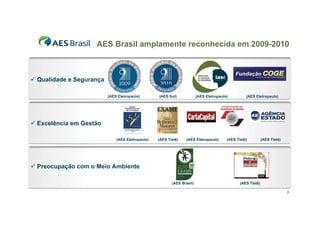 AES Brasil amplamente reconhecida em 2009-2010



9 Qualidade e Segurança

                          (AES Eletropaulo)       (AES Sul)             (AES Eletropaulo)         (AES Eletropaulo)




9 Excelência em Gestão

                              (AES Eletropaulo)   (AES Tietê)   (AES Eletropaulo)       (AES Tietê)          (AES Tietê)




9 Preocupação com o Meio Ambiente

                                                         (AES Brasil)                          (AES Tietê)

                                                                                                                           3
 