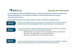 Acordo de Acionistas
Em 22 de dezembro de 2003, AES e BNDES assinaram um Acordo de Acionistas para regular suas relações como
acionistas da Brasiliana e de suas empresas controladas. O acordo está disponível para consulta em:
www.aeseletropaulo.com.br/ri

Os acionistas podem alienar suas quotas a qualquer momento, considerando os seguintes termos:

Direito de     ƒ    As partes com intenção de alienar suas ações, devem primeiramente fornecer à outra parte o
preferência         direito de comprar essa participação pelo mesmo preço oferecido por uma terceira parte.


                ƒ     No caso de mudança de controle da Brasiliana, tag along são acionados para as seguintes
Direito ao
tag along             empresas (apenas se a AES não é mais acionista controlador):
                            – AES Eletropaulo: Tag along de 100% de suas ações ordinárias e preferenciais
                            – AES Tietê: Tag along de 80% em suas ações ordinárias
                            – AES Elpa: Tag along de 80% em suas ações ordinárias



Direito ao
drag along         ƒ Uma vez que a parte ofertante exerce a cláusula de drag along, a parte ofertada é obrigada a
                     dispor de todas as suas ações se o direito de primeira recusa não for exercido.
 
