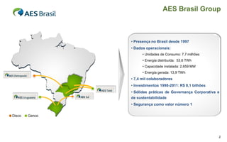 AES Brasil Group



• Presença no Brasil desde 1997
• Dados operacionais:
      • Unidades de Consumo: 7,7 milhões
      • Energia distribuída: 53,6 TWh
      • Capacidade instalada: 2.659 MW
      • Energia gerada: 13,9 TWh
• 7,4 mil colaboradores
• Investimentos 1998-2011: R$ 8,1 bilhões
• Sólidas práticas de Governança Corporativa e
de sustentabilidade
• Segurança como valor número 1




                                             2
 
